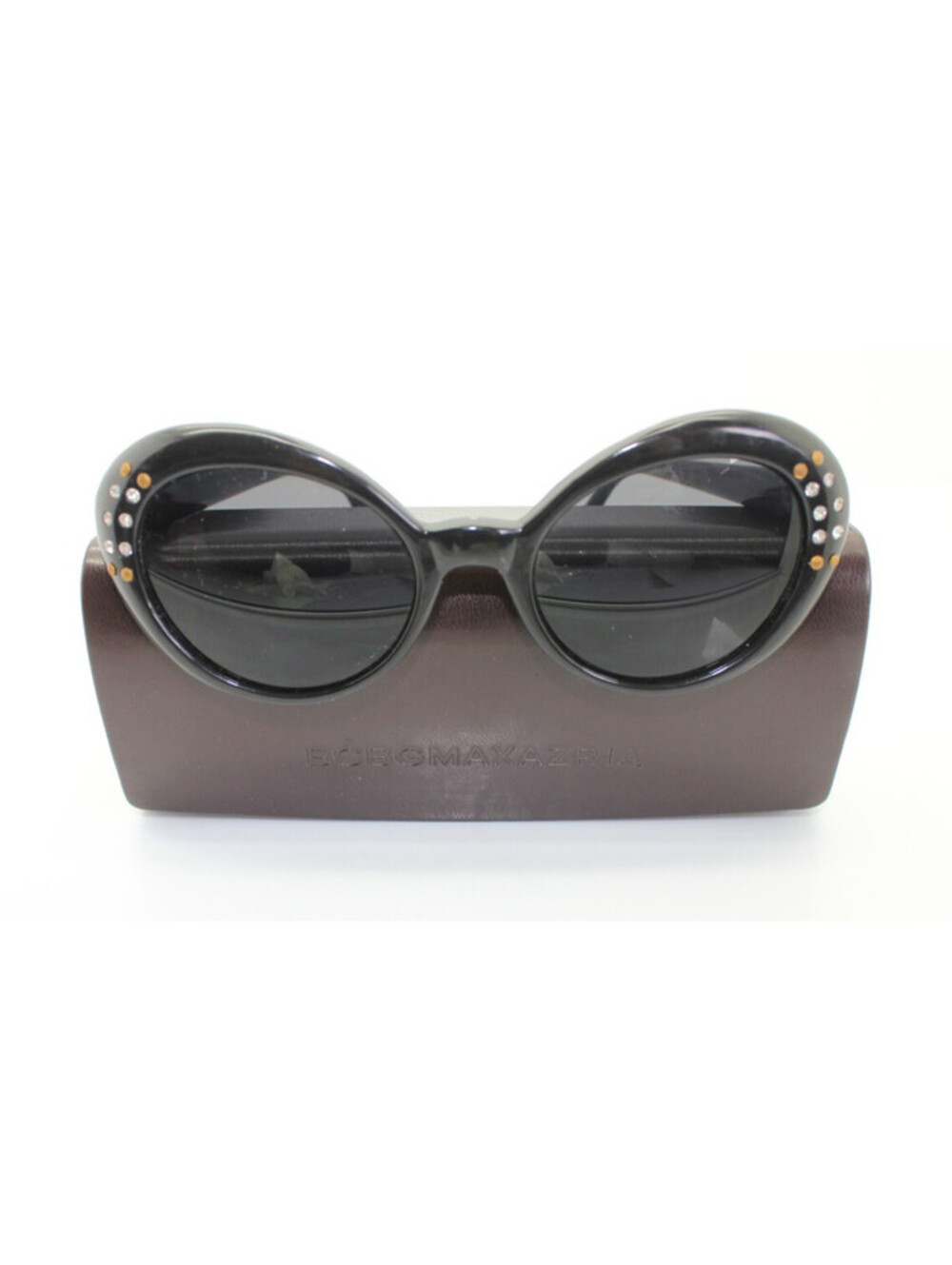 Vintage BCBGMAXAZRIA Rhinestone Cat Eye Oval Sunglasses Black Retro Case
